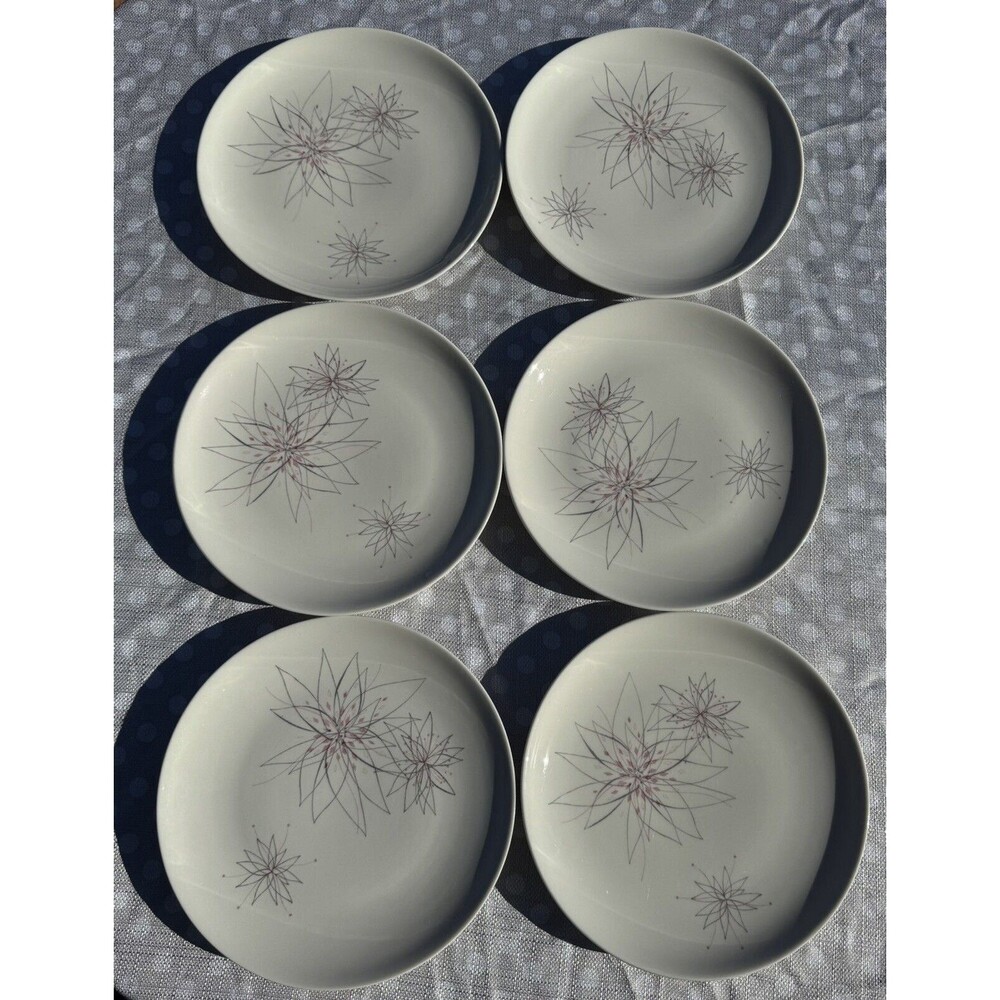 MCM Caribe Pink Fancy Atomic Starburst Dinner Plates Set of 6 White Gray VTG